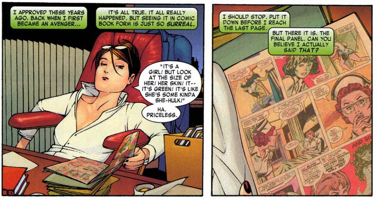 Jennifer Walters consulte un comics de "She-Hulk". shds_13