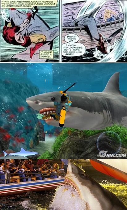 Bruce, une icône pop ; de bas en haut attraction aux studios Orlando, en jeu video sur Playstation et contre Wolverine !