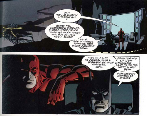 Daredevil est invité dans la Batcave et commente le portrait de Scarecrow qui s'affiche sur le Bat-Computer… mais comment fait-il pour voir l'écran ???