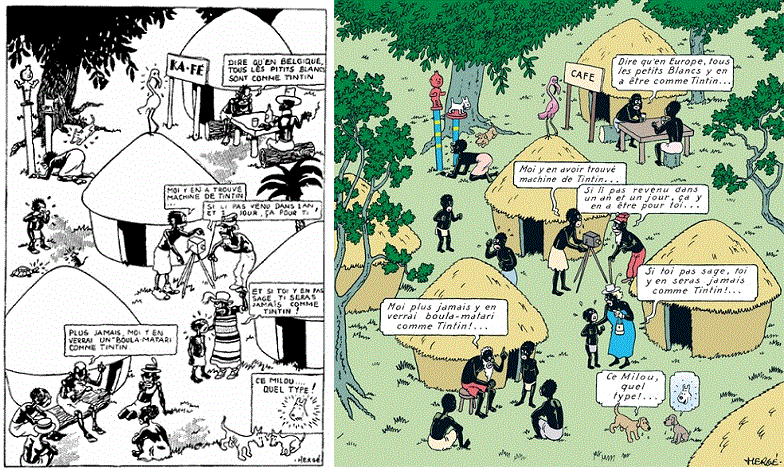 Les deux principales versions de Tintin au Congo. Li couleur, ou pas li couleur…