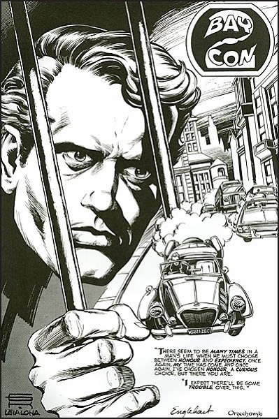 La seule page encrée du comics de Gil Kane (réalisée à l’occasion d’un convention). On notera la voiture pour le moins fantaisiste conduit par le Prisonnier.  © Titans Comics