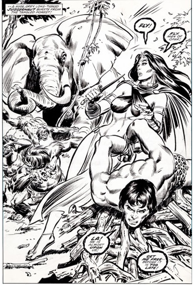  Tarzan affronte la redoutable Reine d’Opar (mais en vérité elle l’aime) ! Encrage de Tony Dezuniga. © Marvel Comics