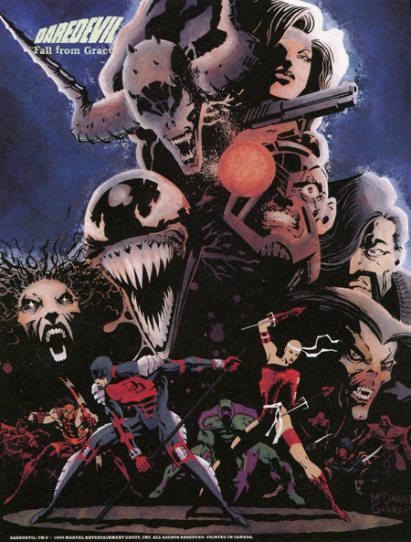 Illustration utilisée pour le poster inséré dans le numéro 325, de bas en haut : Hellspawn, Silver Sable, Erynis, Venom, Siege, John Garrett, Morbius, le clan Snakeroot, DD et Elektra. Ca en fait du monde à caser !