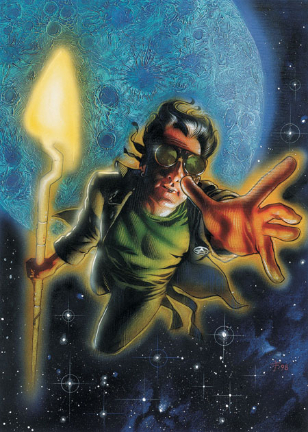 Starman tire ses pouvoirs de son bâton cosmique, une invention développée par son père