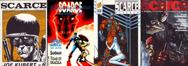  Evolution de la maquette de couverture de Scarce au fil des numéros (6-26-46-62), avec des illustrations de Joe Kubert, Olivier Vatine, Michael Bair et Alex Maleev