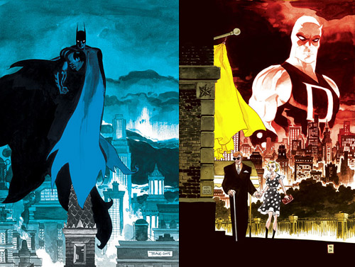 Batman surplombant Gotham et Matt Murdock aux côtés de Karen Page : la légende urbaine et l’homme de la rue, superbement illustrés par Tim Sale