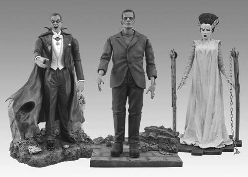 Dracula, Frankenstein et sa fiancée. Trois luxueuses figurines en GRIS, directement issues du studio Universal dans les années 30 !