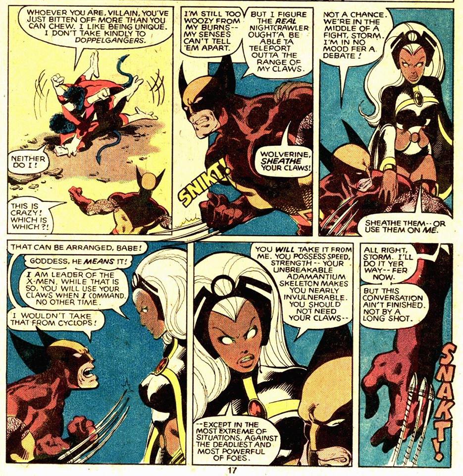 Le lent apprentissage du pacifisme de Wolverine par Storm un personnage passionant qui fera le chemin inverse du griffu au fur et à mesure de la série