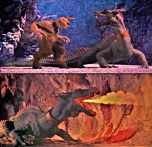 Un 7ème voyage chez les cyclopes et les dragons   photos libres de droits  Sources : https://commons.wikimedia.org/wiki/File:7th_voyage_of_Sinbad_-_Cyclops_vs_Dragon.png et https://commons.wikimedia.org/wiki/File:7th_voyage_of_Sinbad_-_Taro.png  