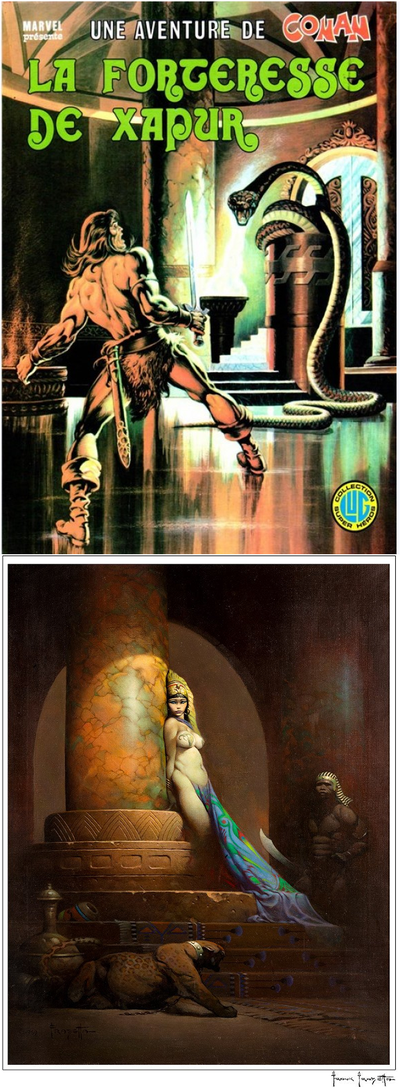 Frisano s’inspirant de la reine Egyptienne de Frazetta pour sa couverture de Conan en reproduisant la colonne en arrière plan.