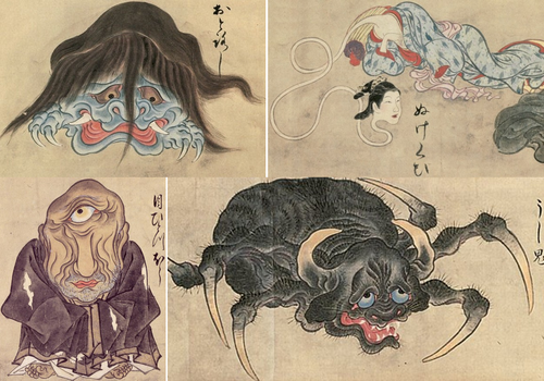 Extraits du Hyakkai zukan (« rouleaux de dessins de cent yōkai ») achevé en 1737 durant l'ère Edo par l'artiste Sawaki Sūshi 