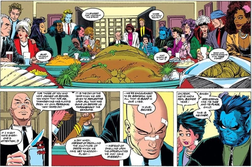 Les X-Men tels qu'on les aime : une famille unie  malgré l'adversité avec même plein d'humains à table.  Une scène inconcevable désormais.... Marvel Comics