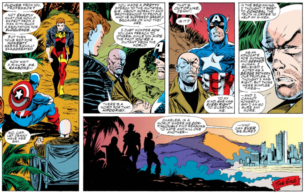 La réalité à l épreuve du rêve : Charles Xavier traité dhypocrite devant Captain America ! On a connu des fins plus optimistes !  ©Marvel Comics