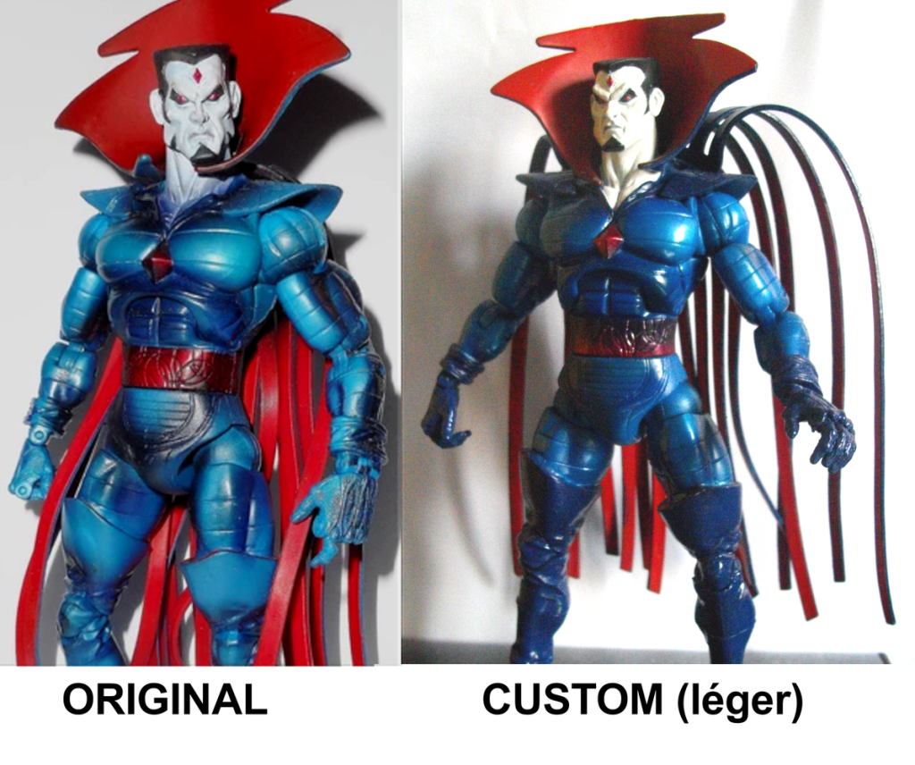 Légères modifications de Mr. Sinister (le bleu des gants et des jambières est plus sombre, le visage plus blanc, je lui ai enlevé ses espèces de favoris noirs sur les joues, et j’ai fixé la cape différemment pour qu’elle soit comme dans le comics.)