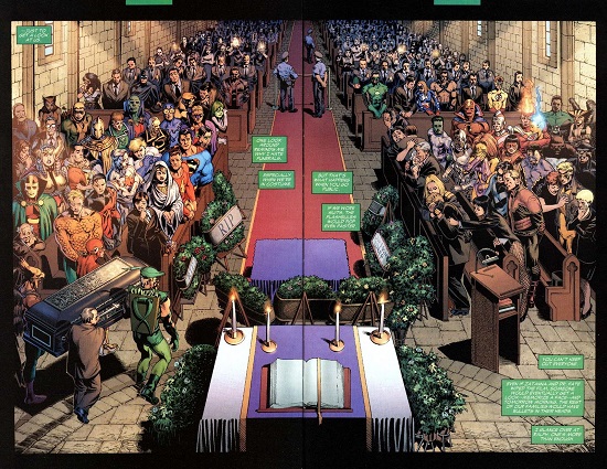 Le cercueil porté par Green Arrow, Flash et Hawkman: un symbole: aucun personnage n'est secondaire. ©2004-DC comics-Rags Morales