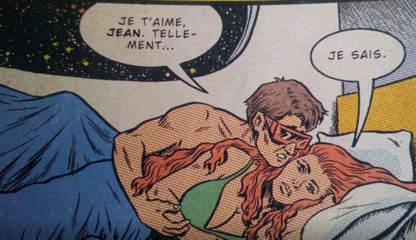 Pas ce soir Scottie !  Jean tourne le dos parce que :  1/ Scott pue de la gueule ?  2/ Elle n'apprécie pas que Logan soit caché sous la couverture ? @ Marvel Comics